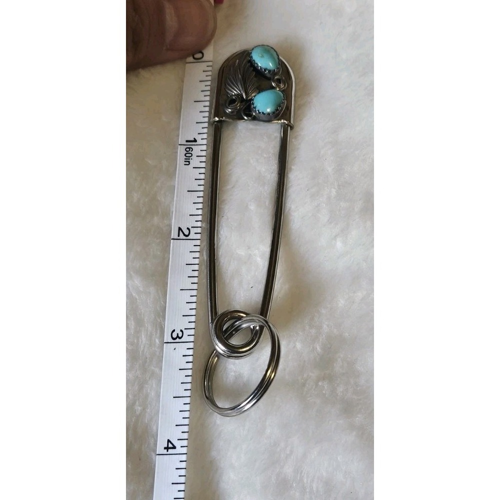 Vtg Turquoise Large Safety Pin Keychain Native American Style 3 Inch - Picture 4 of 5